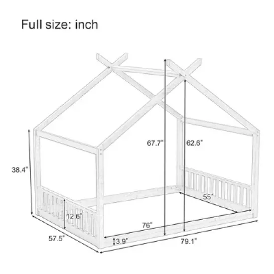 Okak Montessori House Floor Bed Twin/Full Size,Solid Wood Bed Frame with Safety Rails & Headboard, Low-Profile Kids Bed,Slat Not Required image {2}