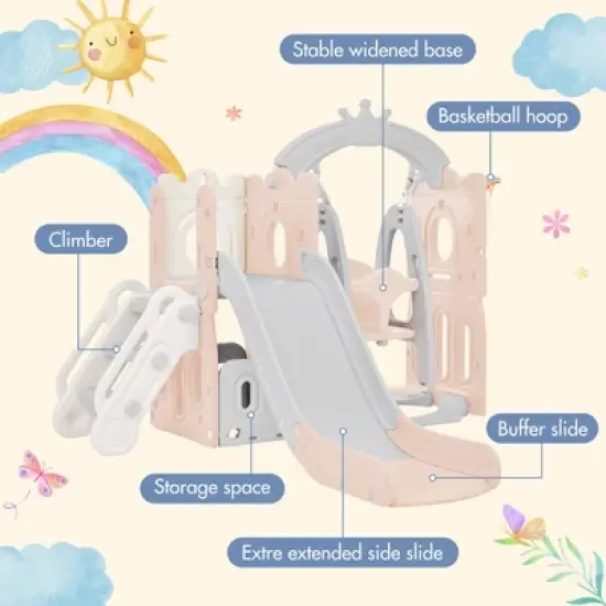 5-in-1 Kids Slide Swing Set Climber Slide Playset With Basketball Hoop Indoor Outdoor Playground For Boys Girls Birthday Xmas Gifts image {2}