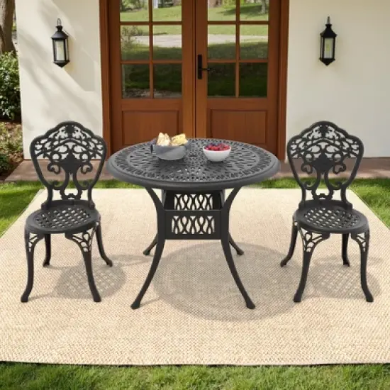 3-Piece Patio Set: Round Table & 2 Chairs - Cast Aluminum, All-Weather/Umbrella Hole & Adjustable Legs for Balcony/Backyard image {9}