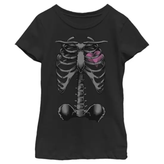 Girl's Lost Gods Halloween Skeleton Rib Cage Heart T-Shirt image {3}
