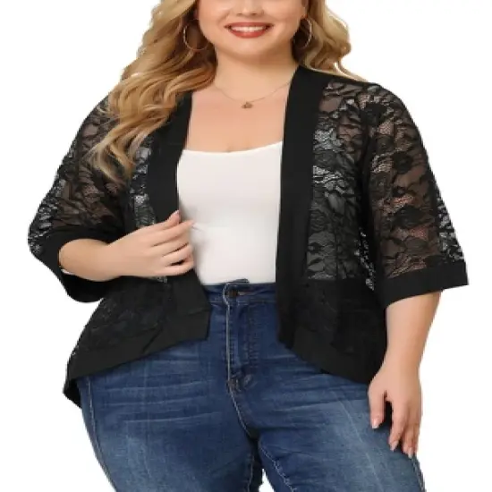 Agnes Orinda Women's Plus Size Elegant Open Front 3/4 Sleeve Lace Lightweight Tunic Cardigans image {1}