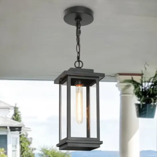 LNC 15" Square Cage Modern Outdoor Pendant Lamp Matte Black: Weather-Resistant, Glass Shade, E26 Socket, 60W image {3}