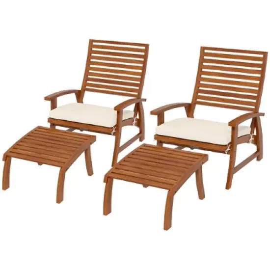 Outsunny 4 Piece Patio Furniture Set, 2 Chairs with Cushions & Ottomans, Slatted Acacia Wood Seat & Backrest, Cream White image {3}