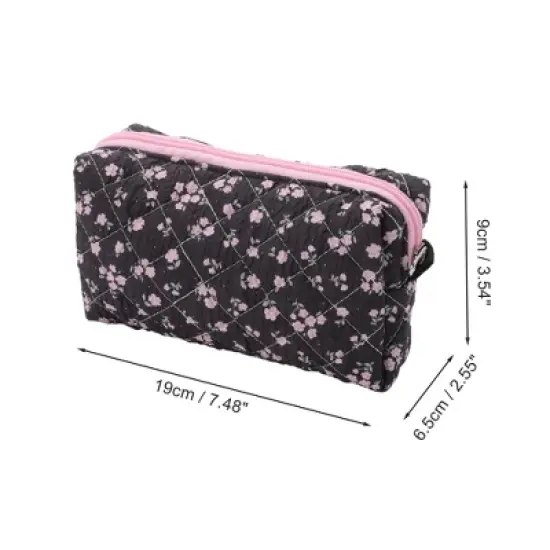 Unique Bargains Pink Flowers Makeup Bag Black 1 Pc image {1}