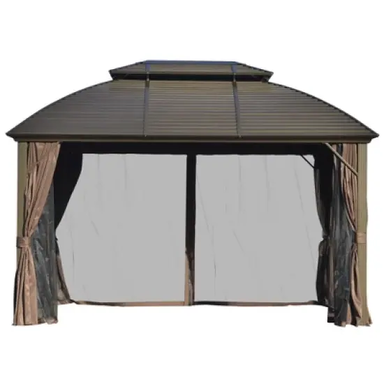 Outsunny 10' x 12' Hardtop Gazebo with Galvanized Steel Rounded Double Roof, Aluminum Frame, Pavilion Gazebo with Netting, Hooks, and Curtains, Brown image {3}
