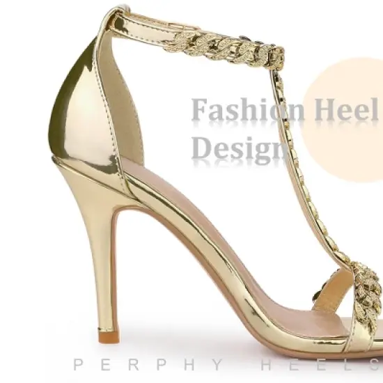 Perphy T Strap Rhinestone Ankle Strap Stiletto Heels Sandals for Women image {3}