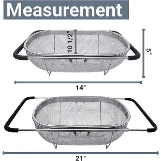 Over the Sink Colander Strainer Basket Stainless Steel, For Kitchen Sink with Rubber Grip, Fine Mesh, Large Kitchen Gadgets Tools image {2}