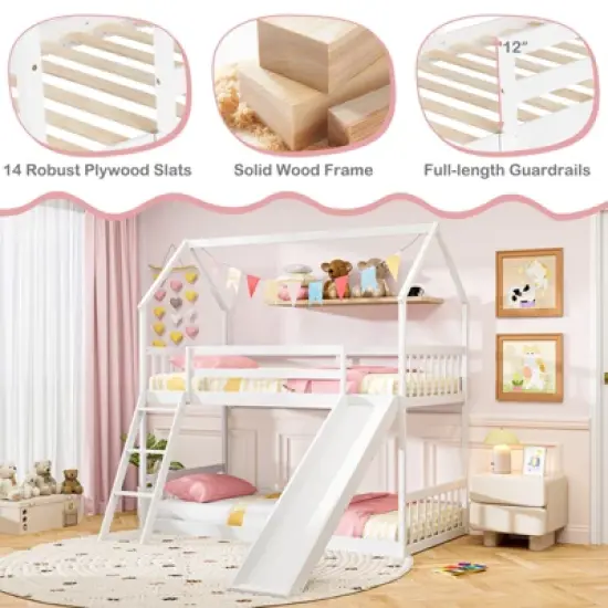 Tangkula Twin Over Twin House Bunk Bed w/ Slide Solid Wood Low Bunk Bed for Kids White image {7}