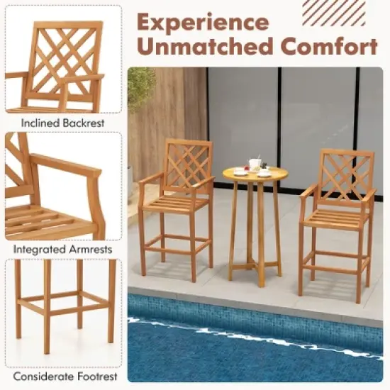 Tangkula 3 PCS Patio Bar Set Round Cocktail Table w/ 2 Stools w/ Backrest Armrests image {5}