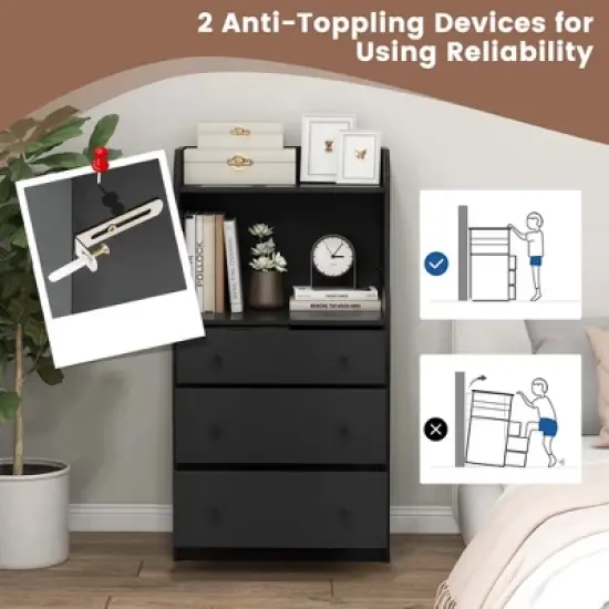 Costway 3-Drawer Dresser 44" Tall Wood Storage Organizer Chest with 2 Open Shelves Black/White/Walnut image {6}