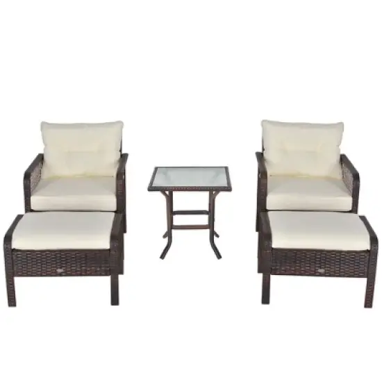 Outsunny 5-Piece Wicker Patio Armchair Set with Ottoman, Outdoor PE Rattan Furniture Set with Comfortable Zippered Cushions & Weather-Fighting Build image {3}