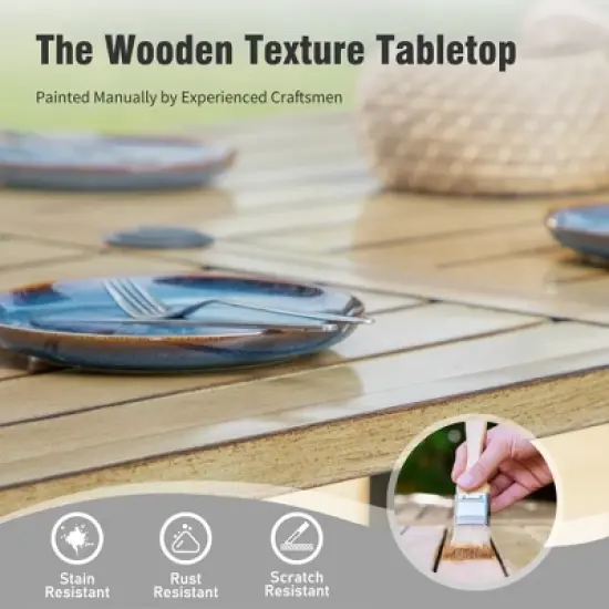 Captiva Designs 7pc Patio Slatted Top Steel Dining Table with Umbrella Hole & Cushioned Armrest Rattan Chairs image {3}