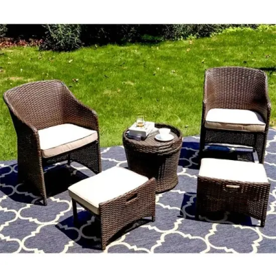 5pc Rattan Conversation Set with Chairs, Ottomans & Storage Side Table - Captiva Designs image {13}