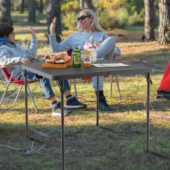 Costway Folding Camping Table Portable HDPE Outdoor Picnic Dining Table w/ Handle White\Grey image {3}