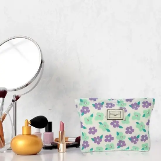 Unique Bargains Large Capacity Canvas Floral Makeup Bag Purple 10.63"x1.97"x8.46" 1 Pc image {5}