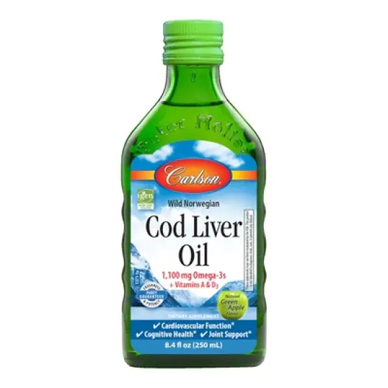 Carlson - Kid's Cod Liver Oil, 550 mg Omega-3s + A & D3, Norwegian, Wild Caught, Sustainably Sourced, Green Apple, 250 mL (8.4 Fl Oz) image {2}