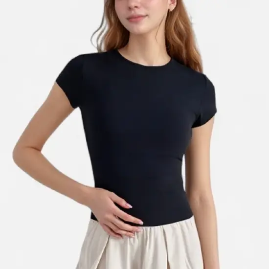 Anna-Kaci Active Women's Short Sleeve Fitted Crew Neck Top with Stretch Fabric for a Sleek and Comfortable Everyday Look image {7}