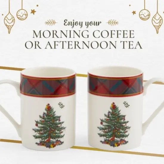 Spode Christmas Tree Tartan 10oz Mug & 8" Tray Set (3-Piece Set) - Festive Porcelain Mugs with Melamine Tray, Dishwasher & Microwave Safe image {5}