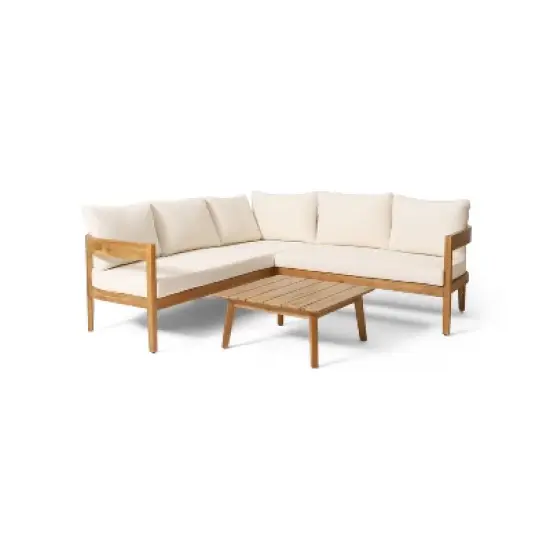 Christopher Knight Home 4pc Brooklyn Teak Outdoor Sectional Chat Set with Cushions Beige image {18}