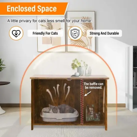 BestMassage Cat Litter Box Enclosure Wooden Pet Cat House End Table with Removable Divider, Brown image {3}