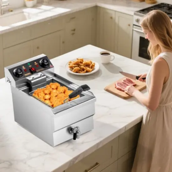 ROVSUN 12.5QT Electric Deep Fryer w/Basket & Lid, 1700W Commercial Countertop Kitchen Frying Machine, Temperature Adjustable Stainless Steel Fryer image {3}