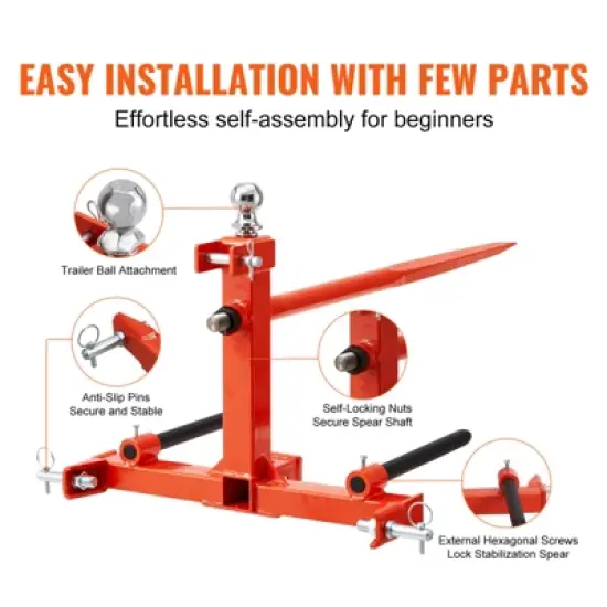 VEVOR 49" Hay Spear, Bale Spears 1600lbs Loading Capacity, Three-Point Hitch Tractor Attachment with 2pcs 17.5" Stabilizer Spears, Red image {3}