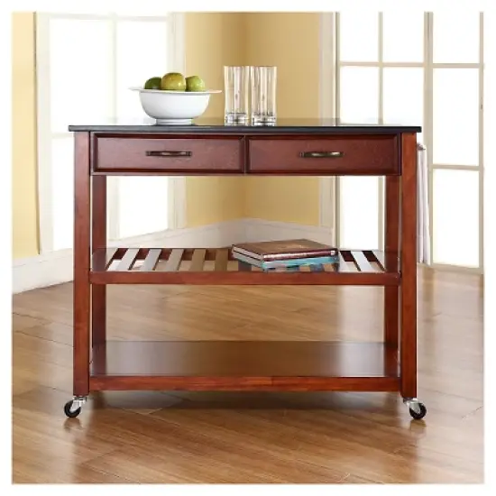 Solid Black Granite Top Kitchen Cart/Island with Optional Stool Storage - Classic Cherry - Crosley image {4}