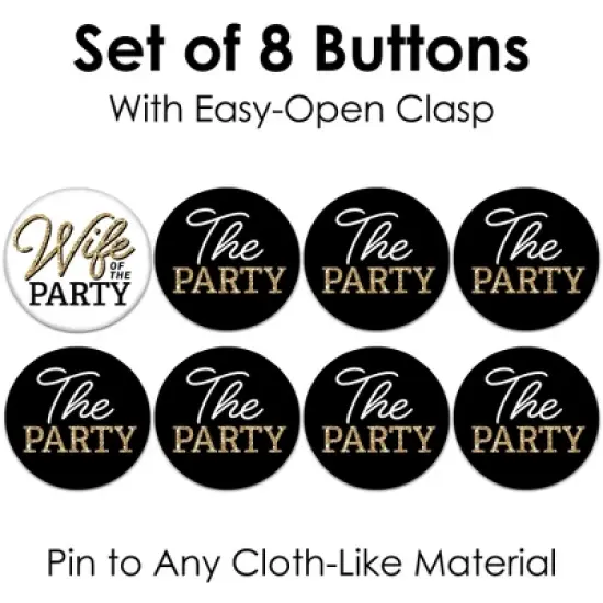 Big Dot of Happiness Wife of the Party - 3 inch Black and Gold Bachelorette Party Badge - Pinback Buttons - Set of 8 image {4}
