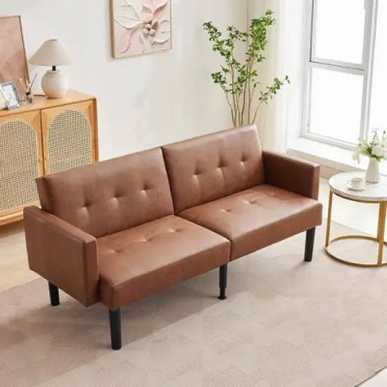 Modern Mid-Century Futon Sofa Bed &ndash; Compact 3-Seater Convertible Sleeper Loveseat with Chevron Tufting & Tapered Legs, Brown image {6}