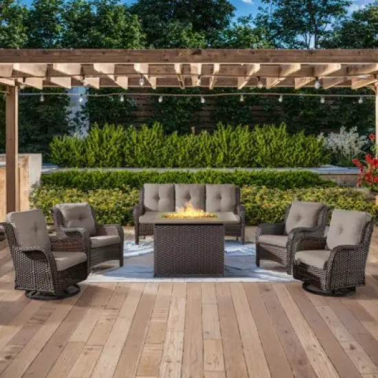 POCASSY 6-Piece Outdoor Furniture Set with Fire Pit Table, All Weather Wicker Outdoor Conversation Set Patio Sofa Set with Swivel Chairs and Fire Pit image {17}