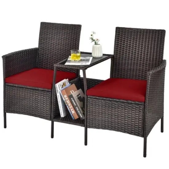 Costway Patio Rattan Wicker Conversation Set Sofa Cushioned Loveseat Glass Table image {2}