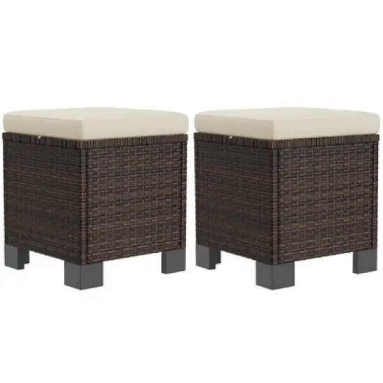 Outsunny 2 Pieces Wicker Outdoor Ottomans with Cushions, 3-in-1 PE Rattan Ottoman Seat, Footrest and Side Table for Backyard, Poolside image {3}