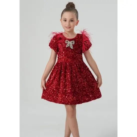 2Bunnies Girls' Christmas New Year Holiday Party Sequin Dress Feather Puff Sleeve image {2}