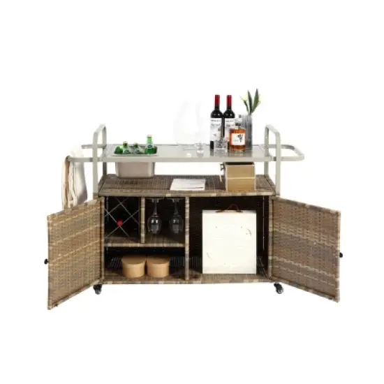 Outdoor Bar Table With One Ice Bucket, Lockable Wheels, Side Basket For Garden, Wicker Bar Cart With Cabinet, Bar Cart Outdoor-Cuddlewood image {2}