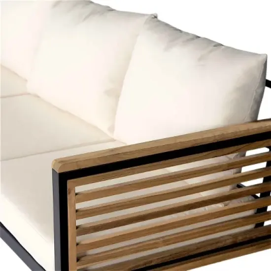 3 PCS Outdoor Sofa Set, 3-Seater Sofa Set with Table and Ottoman, Acacia Wood Sofa with Metal Frame and Polyester Cushion-Coolbibila image {6}