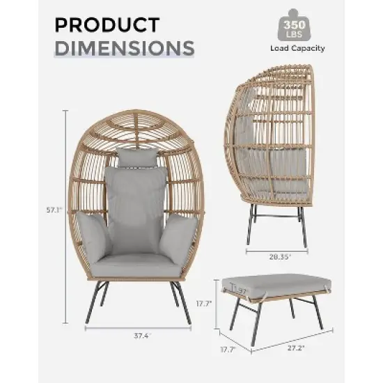 Wicker Egg Chair with Ottoman Oversize Egg Shaped Lounge Chair with Thick Cushion Comfy Egg Rattan Seat for Indoor Outdoor image {1}