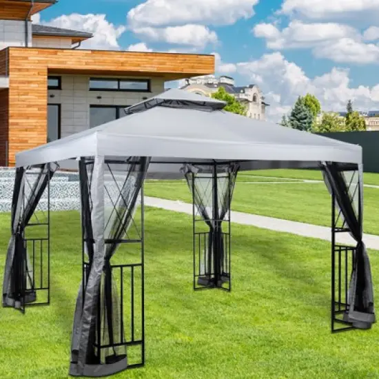 SUGIFT 10' x 10' Outdoor Patio Gazebo Canopy with Mesh Netting Sidewalls and Steel Frame - Light Gray image {7}