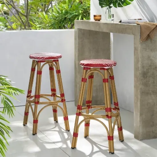 Outdoor PE Ratten and Aluminum 29.5" French Backless Barstools, Set of 2, Red, Bamboo Print Finish image {9}
