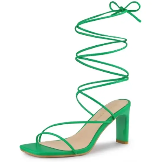 Allegra K Women's Lace Up Strappy Block High Heel Sandals image {9}