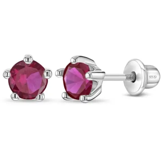 Girl's Classic CZ Birthstone Solitaire Screw Back Sterling Silver Earrings - In Season Jewelry image {8}
