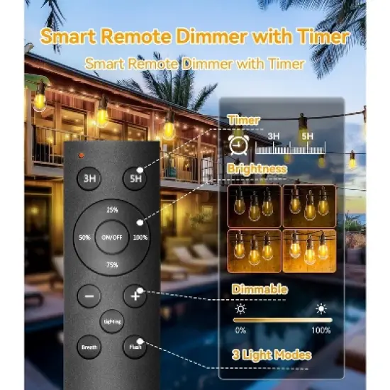 Itopfox Outdoor String Lights with Remote Control, 50Ft Waterproof Dimmable LED Patio Lighting, 15 Edison Bulbs for Backyard, Garden, Gazebo image {2}