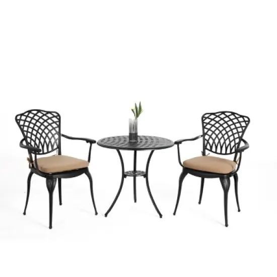 3 Piece Patio Seating Set, Aluminum Patio Accent Chairs Set Of 2 With Umbrella Hole And Cushion,All Weather Metal Bistro Table Set-Maison Boucle image {1}