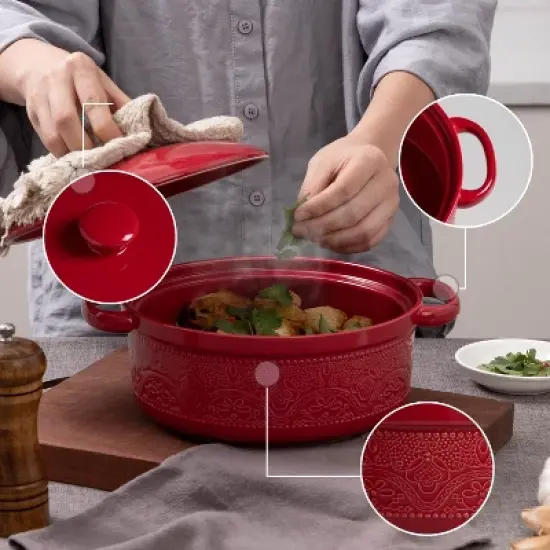 Itopfox Lace Emboss Casserole Dish with Lid, 2 Quart Ceramic Round Serving Dish for Oven to Table, Dinner and Party, Christmas Gifts in Classic Red image {2}