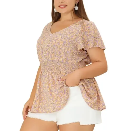 Agnes Orinda Women's Plus Size Peplum Top Flare Sleeve Casual V Neck Smocked Waist Floral Blouses image {8}