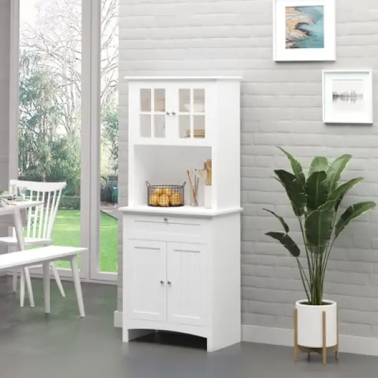 Gulches Elegant Versatile Buffet with Hutch - Kitchen Pantry Cabinet, Framed Glass Door, Drawer, Microwave Space, White 27"W x15.75"D x64.5"H image {4}