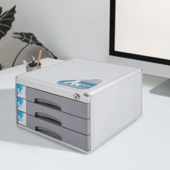 YIYIBYUS Metal Drawer Box Lockable 3 Compartments File Document Storage Box image {2}