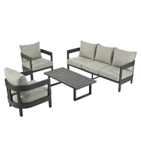 4-Piece Outdoor Patio Conversation Set, Weather-Resistant Metal Frame with Plastic Wood Tabletop, Cushioned Sofa and Chairs - ModernLuxe image {5}