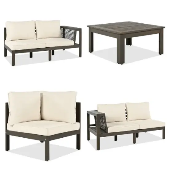 Outdoor 4-Pieces L-Shaped Sectional Sofa, Acacia Frame Sofa with Woven Mesh Armrests and Table, Sofa with Polyester Cushions&ndash;Cuddlewood image {4}