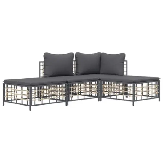 vidaXL 4-Piece Outdoor Patio Lounge Set - Anthracite Poly Rattan with Dark Gray Cushions for Garden, Terrace, Deck image {2}