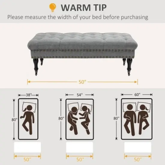 HOMCOM Mobile Upholstered Bench Rolling Button-Tufted Fabric Accent Ottoman with Nailhead Trim & Wheels image {3}